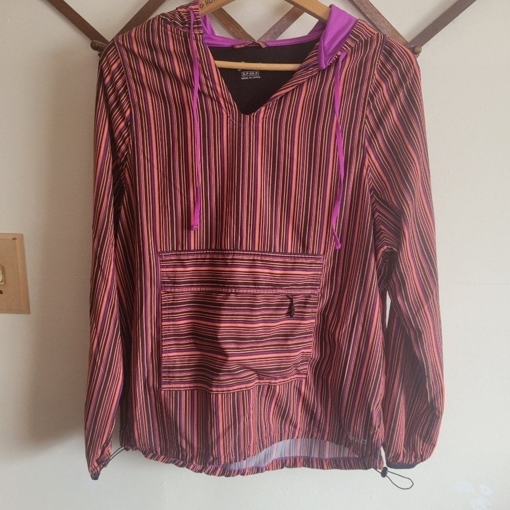 ASICS Pullover Lightweight Weight Shell Pocket Purple Orange Stripe Small S